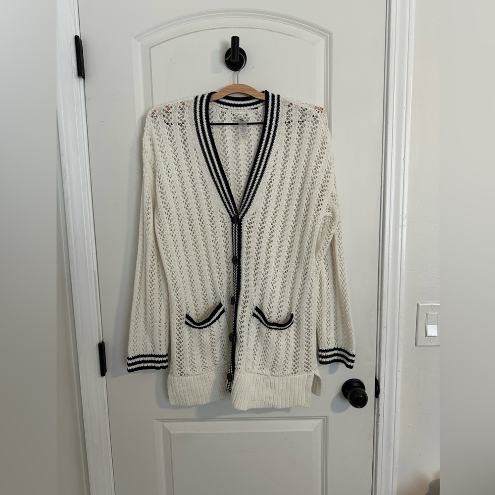 Lou & Grey Cream and Navy Open Knit Oversized Cardigan Sz M preppy coastal beach